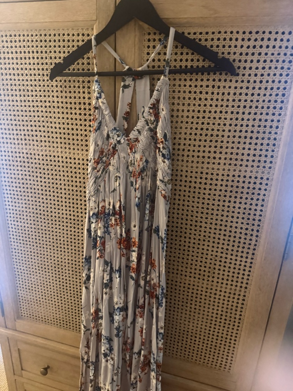 Angie Floral V-Neck Maxi Dress in Light Gray with Blue & Rust Accents